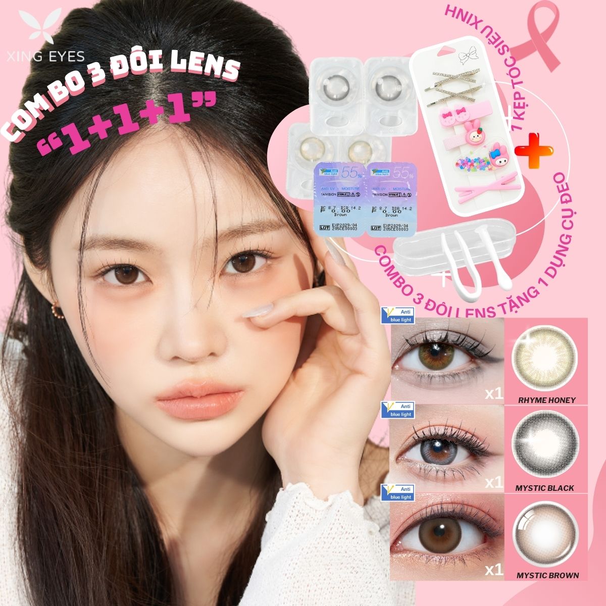 Combo 3 màu Lens Hot Xingeyes 1day- Star Rhyme Honey& Mystic Black& Mystic Brown 14.2mm+ 0-8 độ; Đổi Mắt Đẹp Chuẩn Sao Hàn-Phối Màu Đẹp Mỗi Ngày