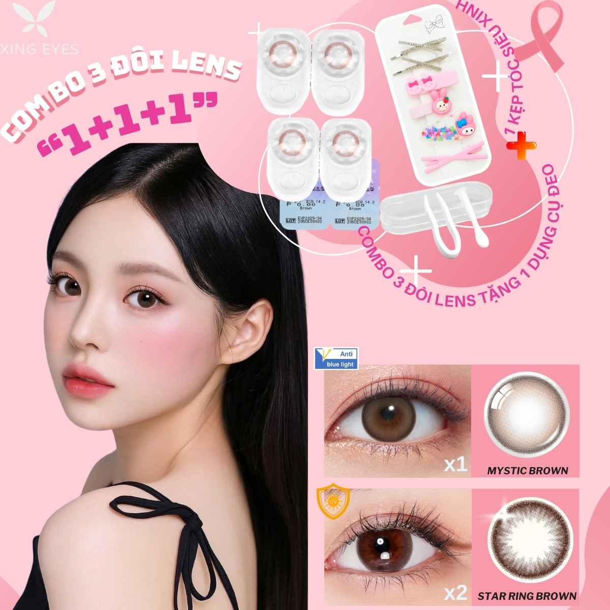 Combo 3 đôi kính áp tròng Xingeyes 1 day Mix Gam Nâu-  (1 Mystic Brown& 2 Star Ring Brown) 14.2mm+ 0-8 độ; Tự nhiên, sang, nổi bật- Hợp mọi tone makeup